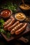 The image depicts juicy and aromatic pieces of grilled sausages, arranged on a wooden board.