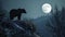 The image depicts a serene night scene with a bear silhouette against a full moon.