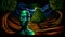 The image depicts a surreal, vibrant landscape with a green humanoid double face.