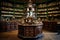 The image depicts a vast room filled to capacity with an extensive array of bottles, Interior of a 19th century apothecary shop,