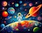 This image depicts a vibrant space adventure with planets and stars.