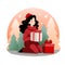 The image depicts a woman in a red sweater and hat sitting on the floor with two Christmas gifts in front of her. The gifts are