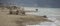 Image of a desolate beach with stacked wooden logs