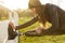 Image of disabled running woman in sportswear, doing slopes and