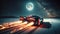 The image displays a high-speed futuristic sports car with fiery exhausts racing across a moonlit salt flat desert.