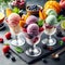 This image displays a tantalizing dessert of various fruit sorbets surrounded by an array of fresh fruits