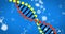 Image of dna strand spinning and molecules on blue background