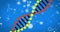 Image of dna strand spinning and molecules on blue background