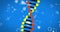 Image of dna strand spinning and molecules on blue background