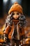 an image of a doll wearing an orange coat and hat