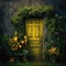 Image of a door with plants, Style of dark, colorful dreams, AI generated