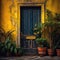 Image of a door with plants, Style of dark, colorful dreams, AI generated