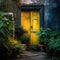 Image of a door with plants, Style of dark, colorful dreams, AI generated