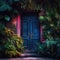 Image of a door with plants, Style of dark, colorful dreams, AI generated