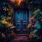 Image of a door with plants, Style of dark, colorful dreams, AI generated
