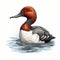 Image of duck is shown swimming in water. The duck has red eyes and long beak, making it appear quite distinctive. It\\\'s