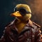 Image of a duck wore sunglasses and wore a leather jacket on clean background. Farm animals. Illustration, Generative AI