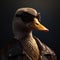 Image of a duck wore sunglasses and wore a leather jacket on clean background. Farm animals. Illustration, Generative AI
