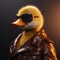 Image of a duck wore sunglasses and wore a leather jacket on clean background. Farm animals. Illustration, Generative AI