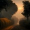 image of an early morning elevated shot of a dirt road winding through overgrown bush.