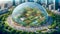 image: An eco-friendly glass dome covering a large urban farm in a city park