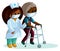 Image of an elderly dark-skinned man with diseases of the musculoskeletal system walking with a support and a nurse who helps him