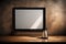 An image of an empty black frame elegantly placed on a polished wooden table indoors.