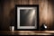 An image of an empty black frame elegantly placed on a polished wooden table indoors.