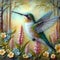 image of encaustic painting of a hummingbird in the flower garden.