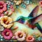 image of encaustic painting of a hummingbird in the flower garden.