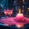 image evokes a serene and enchanting scene: the warm and inviting radiance of pink candle flames illuminates a night bar