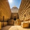 image of explorer inside an ancient Egyptian with various artifacts on the ground and heliographs on the walls