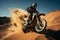 Image Extreme motocross jumping in the desert, rear view perspective