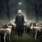 image of false wolf disguises in sheep\\\'s skin, leading a flock of sheep.