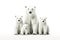 Image of family group of polar bears on white background. Wildlife Animals. Illustration, Generative AI