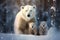 Image of family of polar bears is in the middle of a snowstorm in the forest. Mammals. Wildlife Animals. Ai