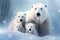 Image of family of polar bears is in the middle of a snowstorm in the forest. Mammals. Wildlife Animals. Ai