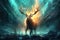 Image of fantasy of deer with beautiful big antlers and flames in the forest. Wildlife Animals. Illustration, Generative AI