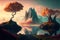 Image of fantasy landscape with trees and lake, created using generative ai technology