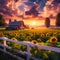 image of a farm different weather,a quaint white picket fence and a field of blooming sunflowers