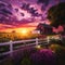 image of a farm different weather,a quaint white picket fence and a field of blooming sunflowers