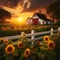 image of a farm different weather,a quaint white picket fence and a field of blooming sunflowers