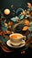 The image features cup of coffee, surrounded by a orange autumn leaves.