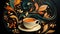 The image features cup of coffee, surrounded by a orange autumn leaves.