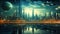 An image featuring a futuristic cityscape set against a sprawling body of water, Futuristic panorama of a matrix-like cityscape,