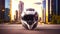 An image featuring a motorbike helmet surrounded by an urban cityscape , emphasizing the helmet\\\'s compatibility with urban