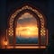 Image Festive window concept Eid al Fitr background with lantern, mosque