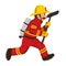 The image of a firefighter running with a hatchet.