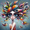 image of flamboyant girl with large eyes,flamboyant birds all around her in Didler Lourenco style.