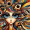 image of flamboyant girl with large eyes,flamboyant birds all around her in Didler Lourenco style.